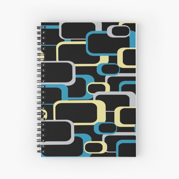 Blue Gray Yellow Retro Squares Pattern Black Background Spiral Notebook