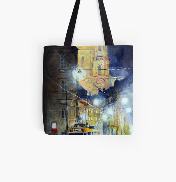Midnight Tram Prague Karmelitska str All Over Print Tote Bag