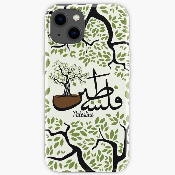 Calligraphie arabe de Palestine avec l'icône de la résistance de l'olivier palestinien - noir Coque souple iPhone