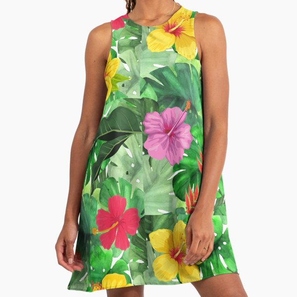 Hawaii Tropical Exotic Green Leaves with Hibiscus Flowers Pattern, Tropical Leaves and Flowers Pattern" A-Line Dress for Sale by silviaol | Redbubble Hawaii Tropical Exotic Green Leaves with Hibiscus Flowers Pattern, Tropical Leaves and Flowers Pattern" A-Line Dress for Sale by silviaol | Redbubble