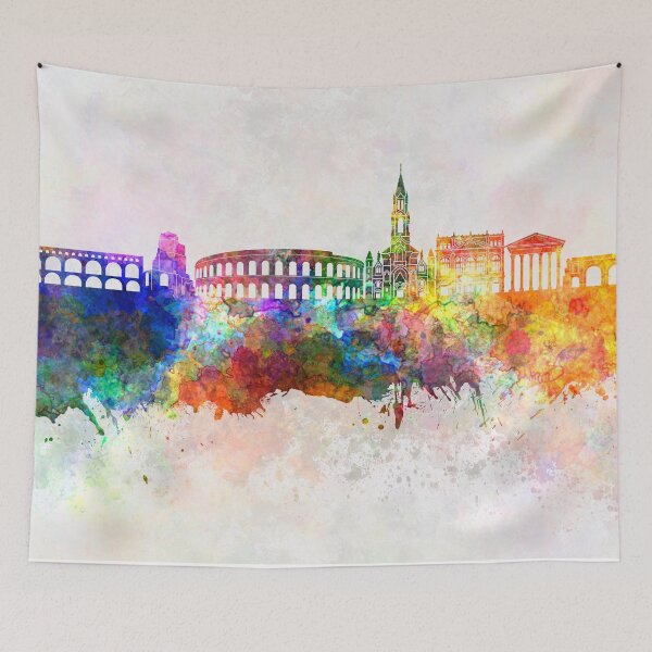 Item preview, Nimes skyline in watercolor background designed and sold by paulrommer.