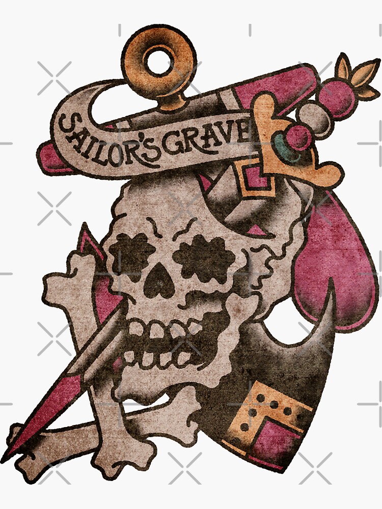 Thumbnail 3 of 3, Sticker, American Traditional Sailor's Grave Skull designed and sold by Salty-Dog2.