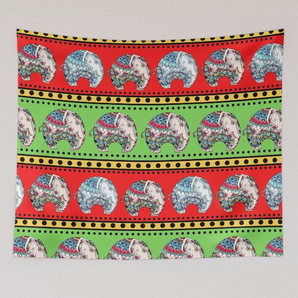 Item preview, Red and Green Color Stripes with Elephants designed and sold by Pearl-Island.