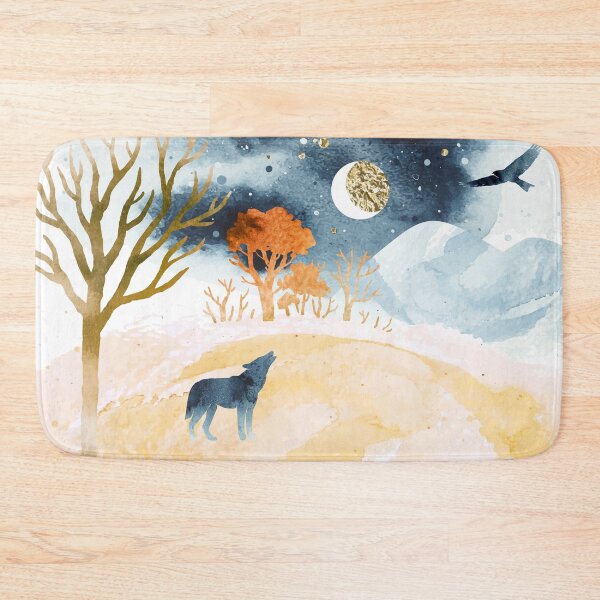 Item preview, Watercolor autumn landscape in blue and orange colors. Illustration of mountains, trees, eagle ​and wolf under night sky.  designed and sold by GalinaChe.