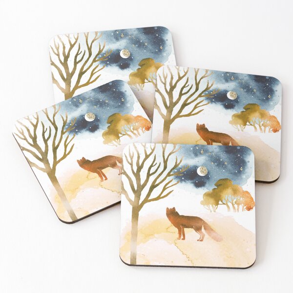Item preview, Watercolor abstract autumn landscape in blue and orange colors. Illustration of trees and silhouette of fox under night sky. designed and sold by GalinaChe.