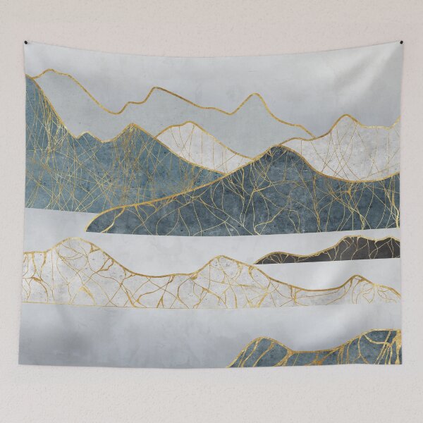 Item preview, Silhouettes of mountains with river and moon. Abstraction of textured plaster with gold elements. designed and sold by darkmoonlight-.
