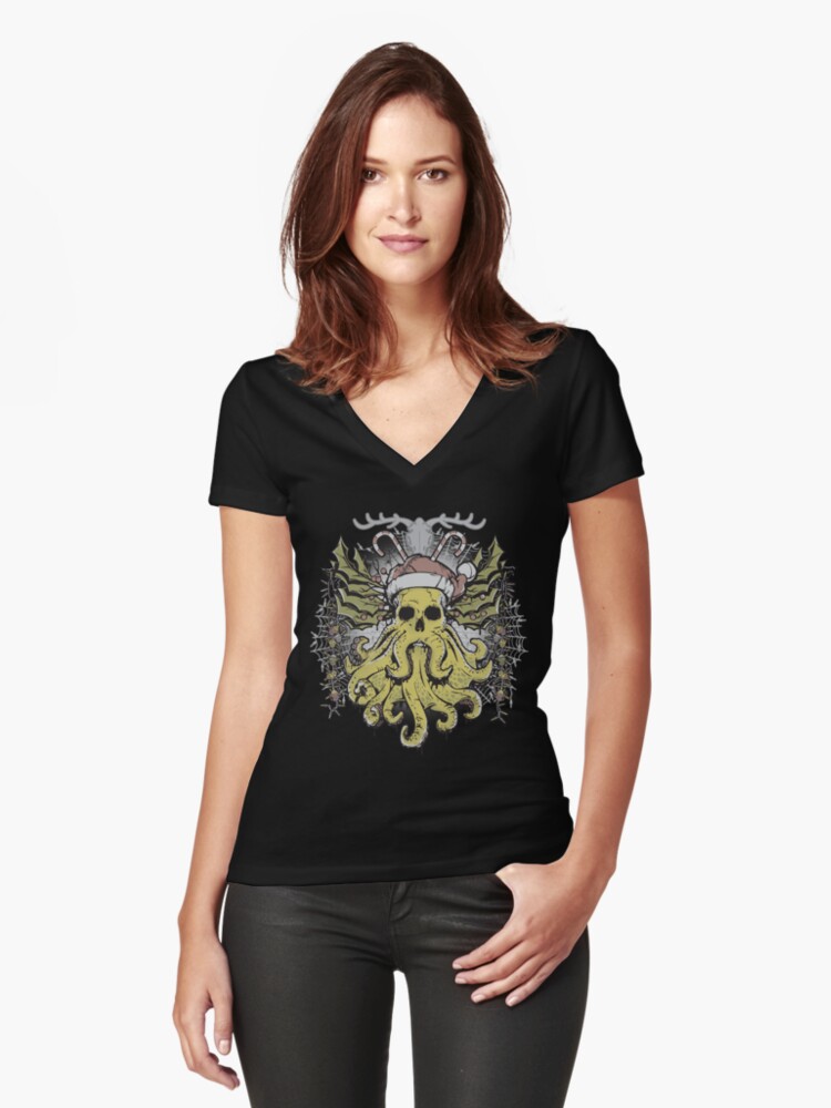 Thumbnail 1 of 3, Fitted V-Neck T-Shirt, Merry Cthulhumas! designed and sold by RibMan.