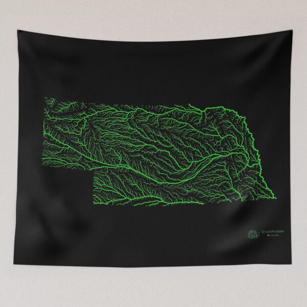 Item preview, Nebraska River Basin Map in Rainbow Colours with Black Background designed and sold by GrasshopperGeo.