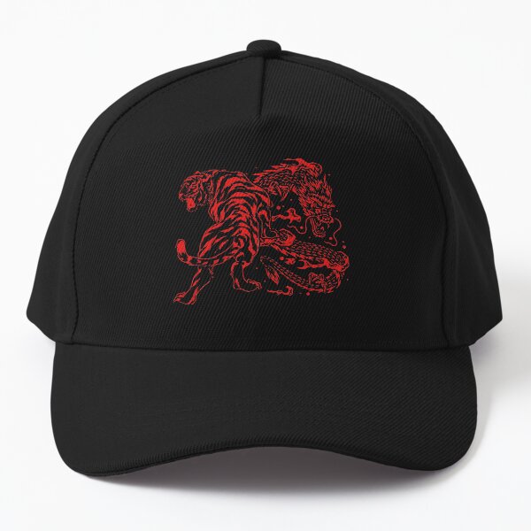 Vista previa del artículo con la obra «Tatuaje de tigre y dragón Yin Yang estilo estampado rojo», diseñado y vendido por SoccaTamam.