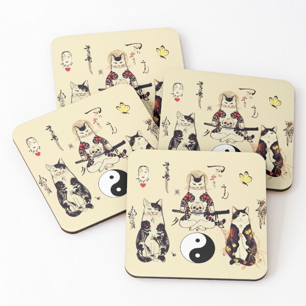 Item preview, THREE SAMURAI CATS IN SKULL,SKELETON,BUTTERFLY TATTOOS AND YIN YANG SYMBOL designed and sold by BulganLumini.