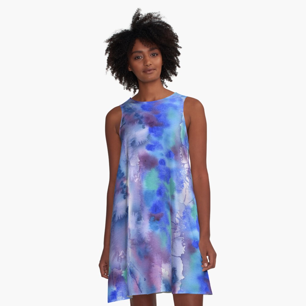 Watercolor Abstract Hand-Painted Blue Purple Turquoise Violet A-Line Dress