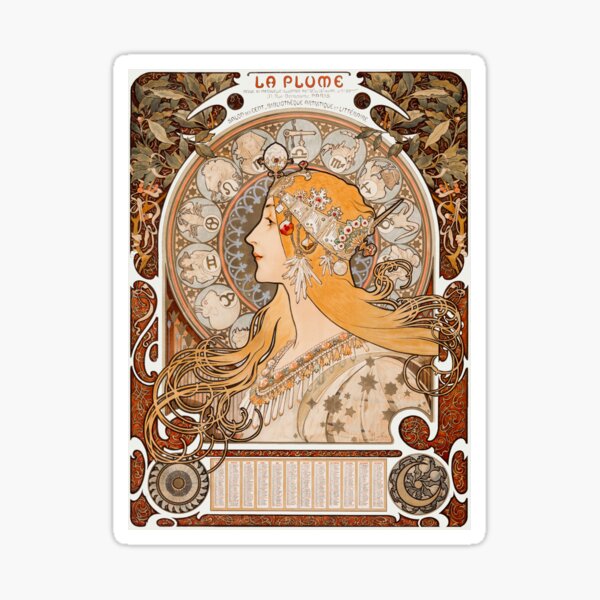 Retro Zodiac. Zodiaque or La Plume (ca. 1896–1897) by Alphonse Maria Mucha. Sticker