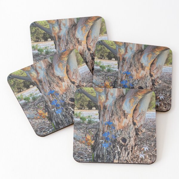 Item preview, Tree Trunk on firebreak with Blue Lady orchids, Donkey and white Fairy orchids. designed and sold by Leonie Mac Lean.