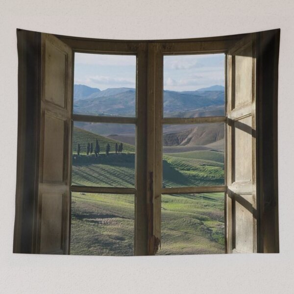 Item preview, Outside View of Cypress Trees and Green Hills Through a Shabby Windows designed and sold by ColemanOlmos.