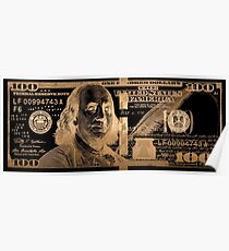 One Hundred US Dollar Bill - $100 USD in Gold on Black Poster
