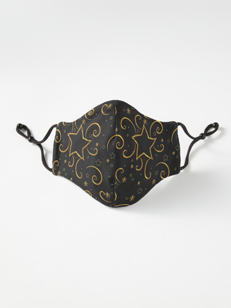 Alternate view of Sparkling Gold Stars and Twirls Design on Black Background Mask