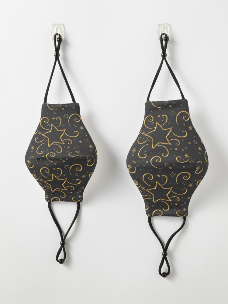 Alternate view of Sparkling Gold Stars and Twirls Design on Black Background Mask