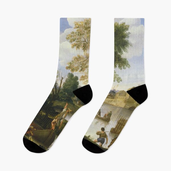 Item preview, Domenichino - Paesaggio fluviale con barcaioli, pescatori e una coppia elegante designed and sold by Vintage Designs +.