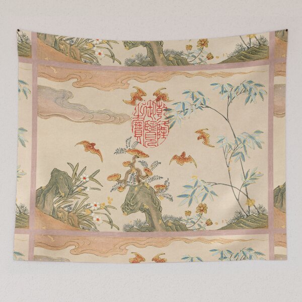Item preview, Vintage Chinese Painting Bats, rocks, flowers oval calligraphy (18th Century) by Zhang Ruoai designed and sold by Designedbysm.