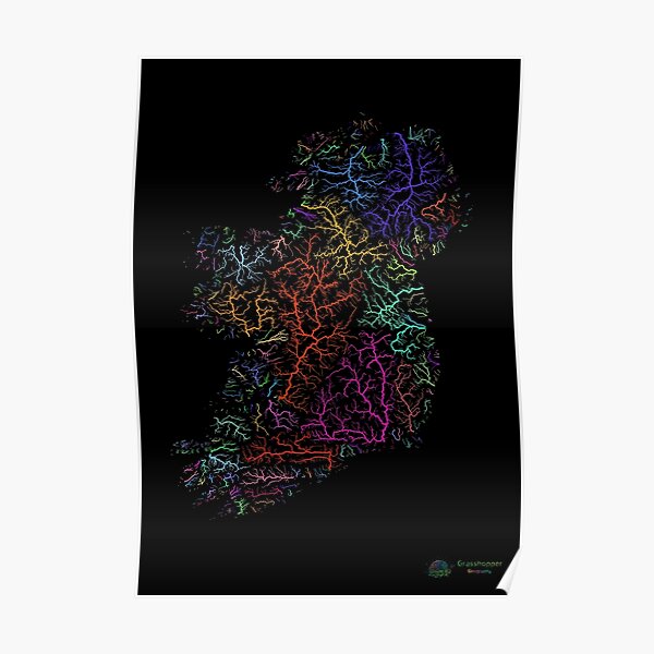 Island of Ireland River Basin Map in Rainbow Colours with Black Background Poster