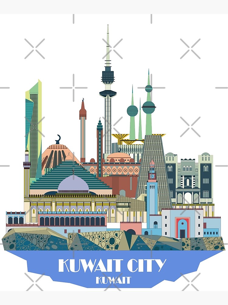 "Kuwait City, Kuwait, Travel Poster, City Print, Mosque Drawing, Tower