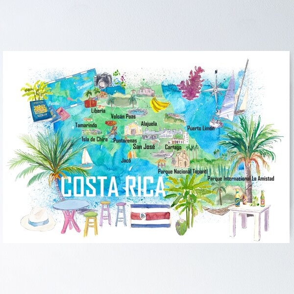 Costa Rica Illustrated Travel Map with Roads and Highlights