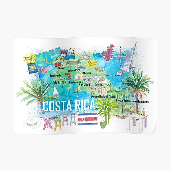 Costa Rica Illustrated Travel Map with Roads and Highlights Poster