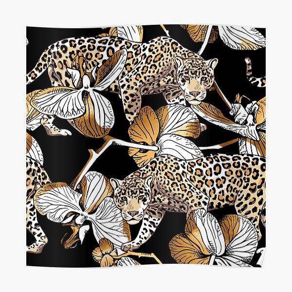 " Harmonious floral pattern of jaguar with orchid flowers " Poster for