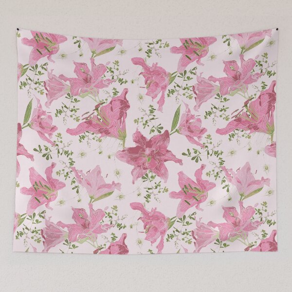 Item preview, Pink, White and Green Lilies, Baptisa, and Love in a Mist on a Blush Pink Background designed and sold by cozycaroline.