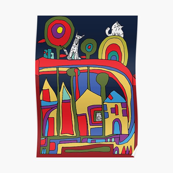 Hundertwasser mit Katze und Hund Poster