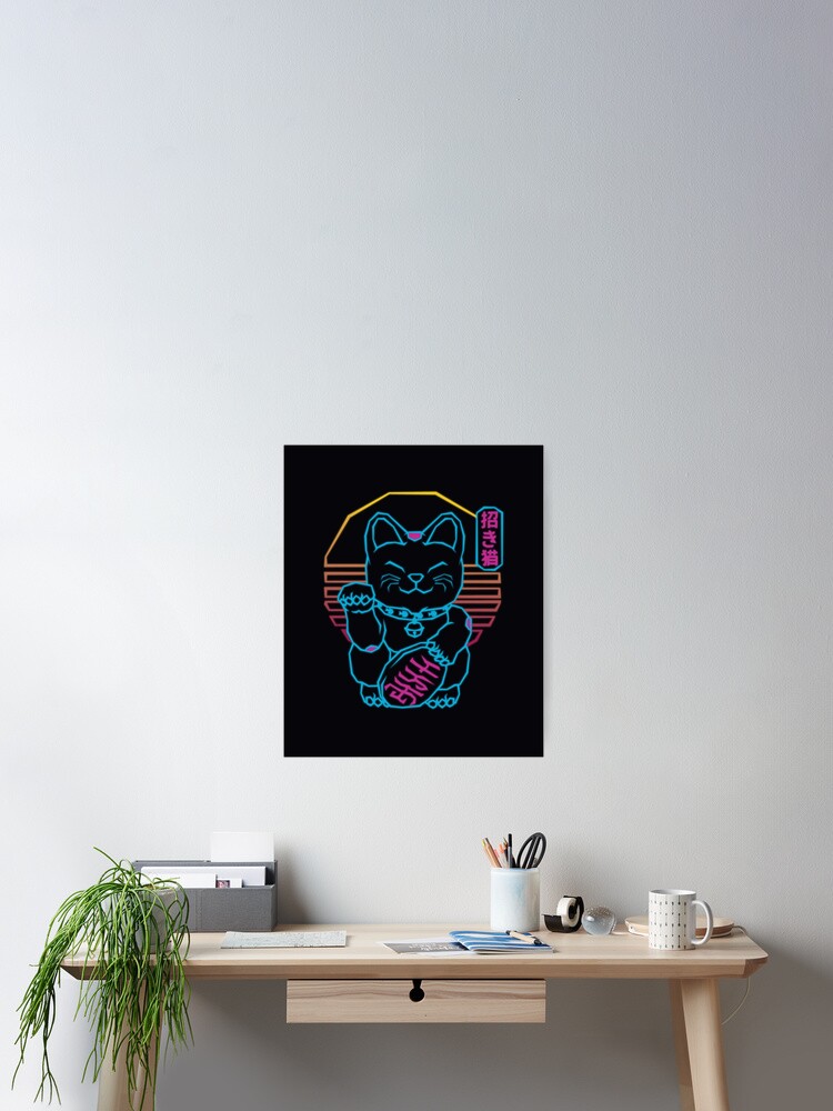 Japanese Lucky Maneki Neko Retrowave 80s Neon Cat