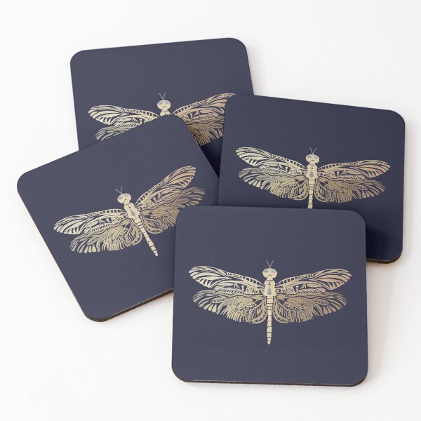 Item preview, Beautiful intricate abstract tattoo dragonfly outline - for lovers of dragonflies. Royal navy blue and gold - Caroline Laursen original designed and sold by Caroline Laursen.