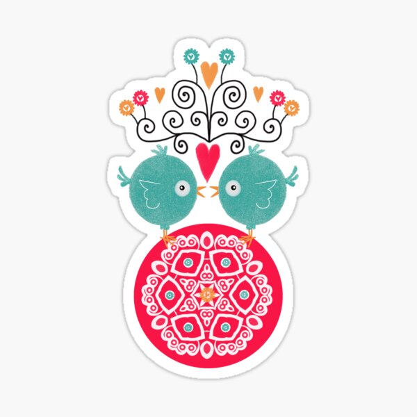 curly whirly lovebirds with heart flowers Sticker