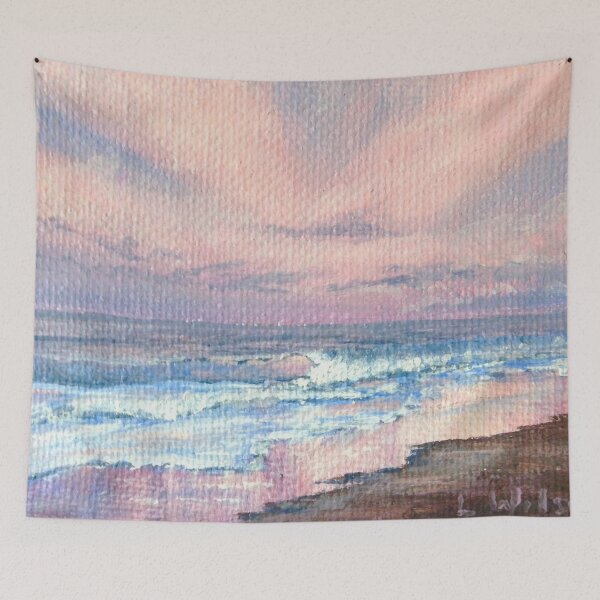 Item preview, Pink Sunrise at the Beach, acrylic painting pink and purple sky and waves designed and sold by Goldstarwork.
