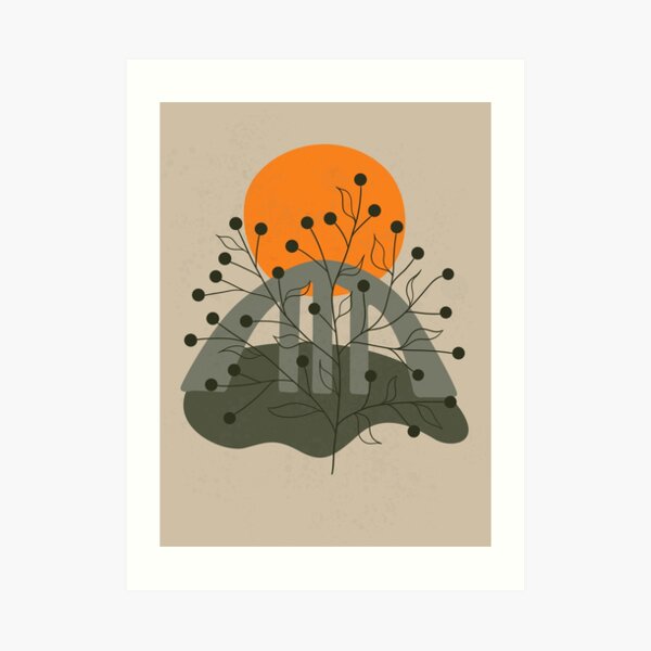 Minimalist landscape art with a bridge and an orange sun Art Print