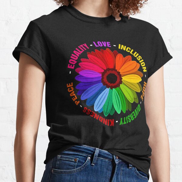 Vista previa del artículo con la obra «Camiseta de bondad, paz, igualdad, amor, inclusión, esperanza y diversidad», diseñado y vendido por stylepalace.
