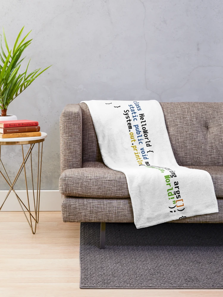 Thumbnail 2 of 6, Throw Blanket, Hello World Java Code - Light Syntax Scheme Coder Design designed and sold by geeksta.