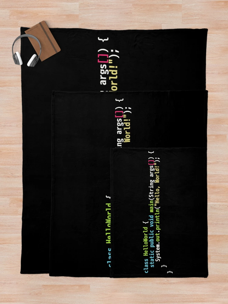 Thumbnail 5 of 6, Throw Blanket, Hello World Java Code - Dark Syntax Scheme Coder Design designed and sold by geeksta.