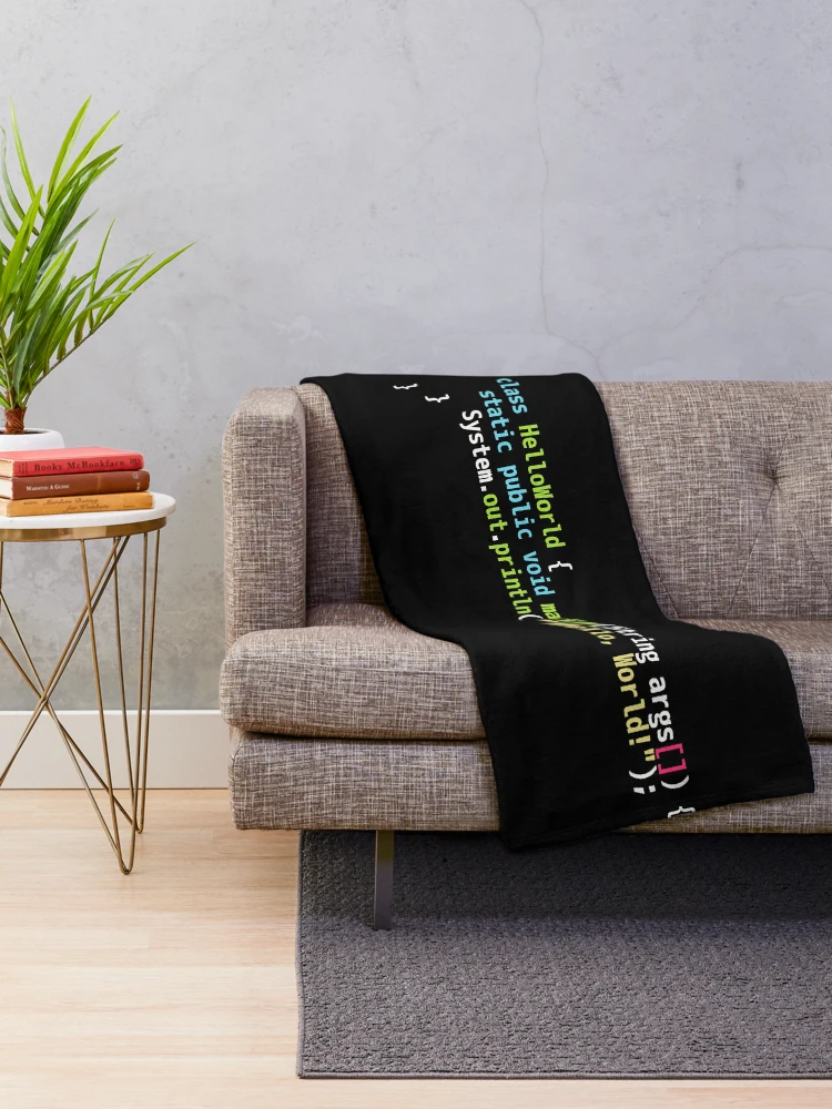 Thumbnail 2 of 6, Throw Blanket, Hello World Java Code - Dark Syntax Scheme Coder Design designed and sold by geeksta.