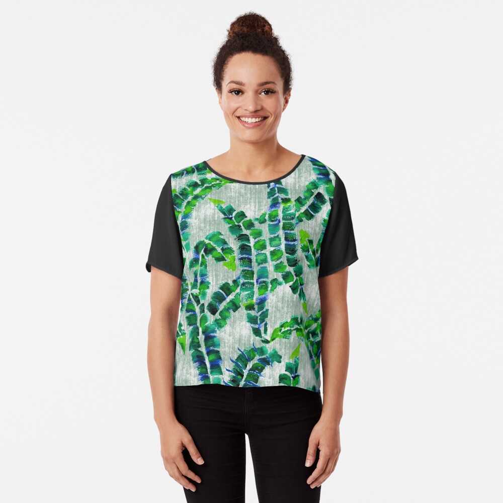 Hand-Painted Banana Leaves Green Botanical Plant Chiffon Top