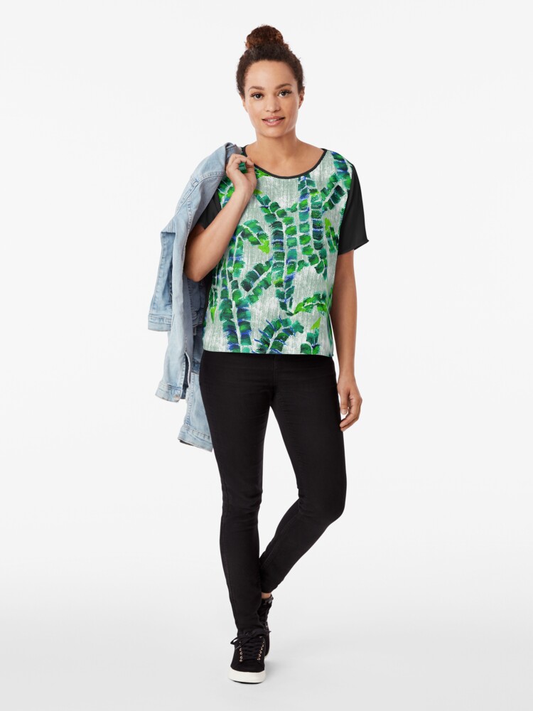 Alternate view of Hand-Painted Banana Leaves Green Botanical Plant Chiffon Top
