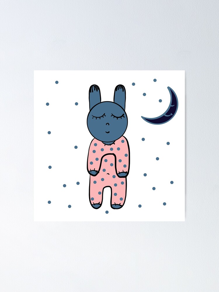 Poster Le Petit Lapin Se Couche Le Bebe Lapin Se Couche Le Bebe Lapin Dort Dans Une Combinaison A Pois Avec La Lune Qui Sourit Et Dort Et Des Etoiles