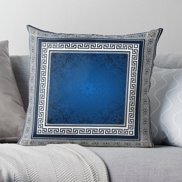 Greek Keys Blue White with Pattern Throw Pillow