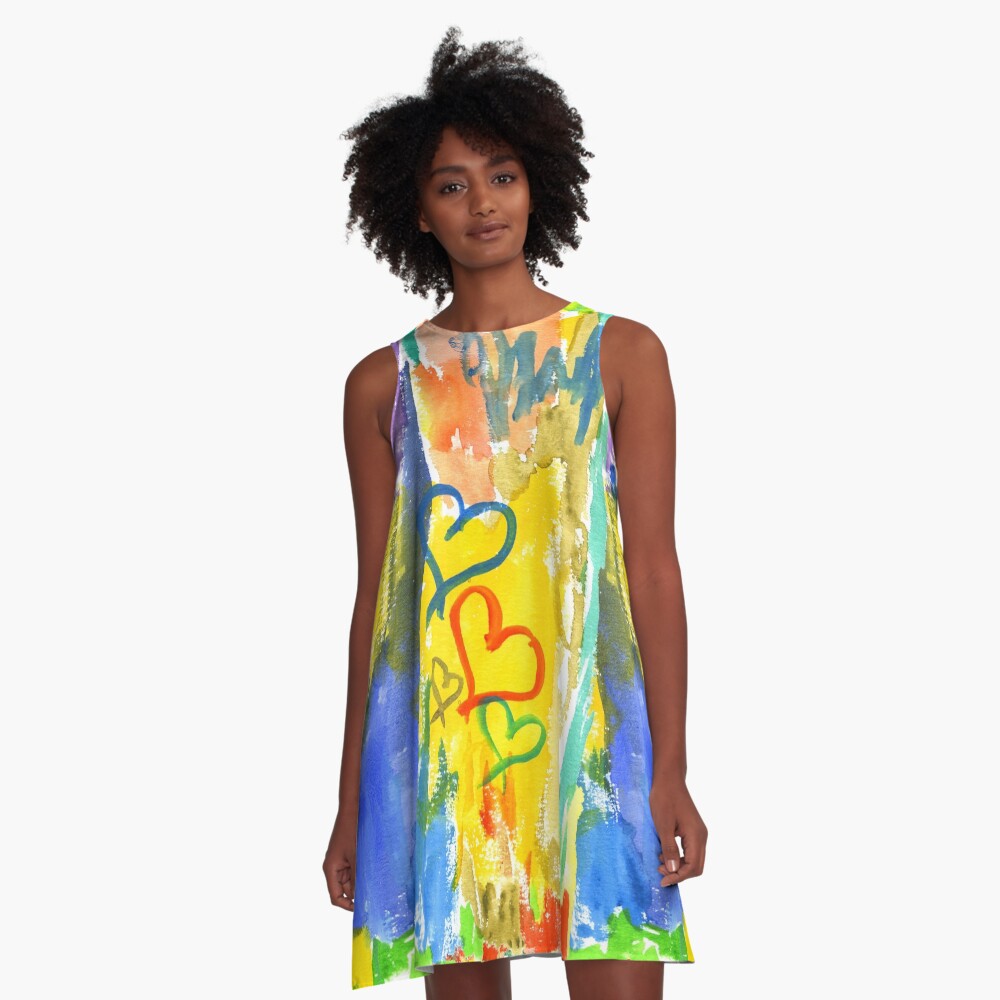Watercolor Abstract Hearts Colorful Random Brushstrokes A-Line Dress