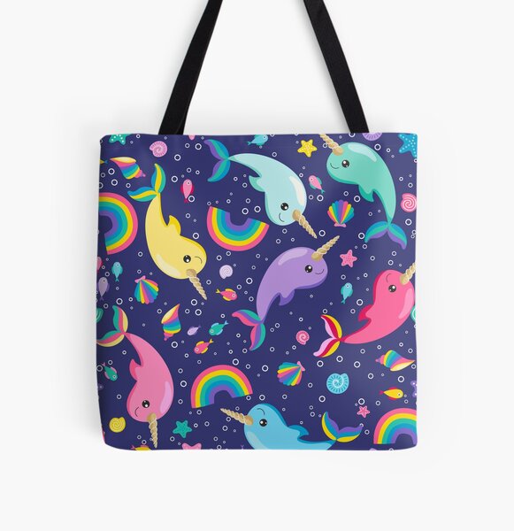 Rainbow Narwhals Under the Sea Blue All Over Print Tote Bag