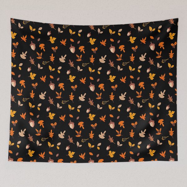 Aperçu de l'œuvre Motif de feuillage d'automne d'automne noir, feuilles d'automne dorées et glands créée et vendue par PlanetPattern.
