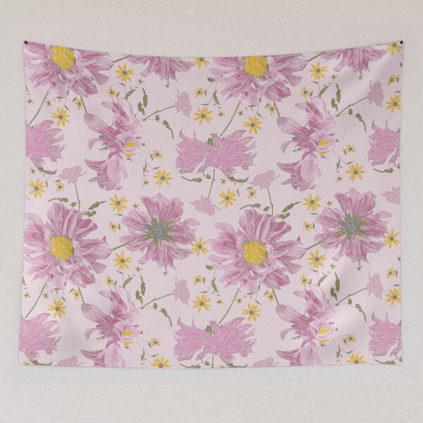 Item preview, Pink Fluffy Dahlia with Yellow, Rose, Chocolate Rudbeckia  on a Pink Background designed and sold by cozycaroline.