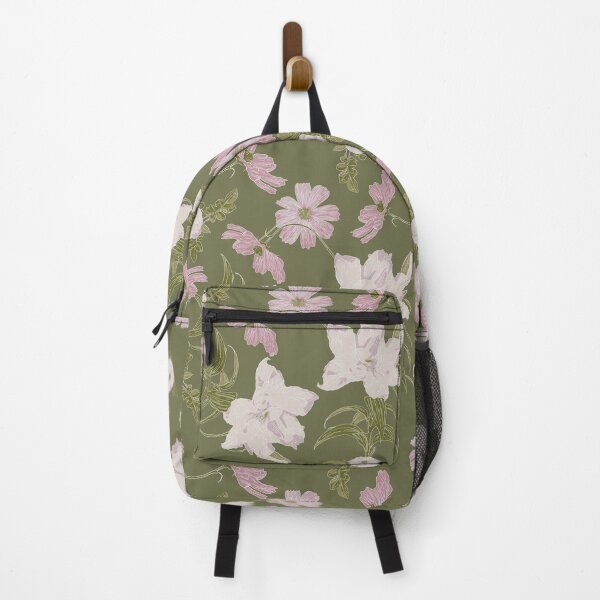 Item preview, Pink Cosmos, Roses and Double Lily Pattern on Olive Green designed and sold by cozycaroline.