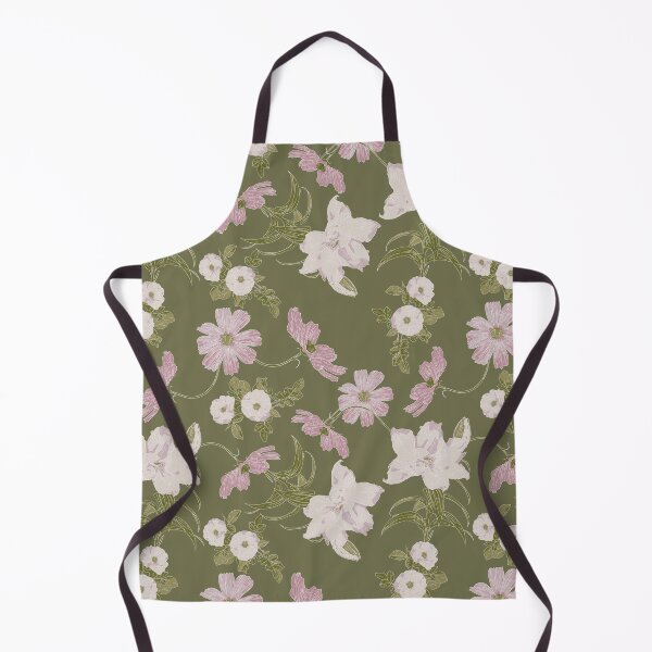 Item preview, Pink Cosmos, Roses and Double Lily Pattern on Olive Green designed and sold by cozycaroline.