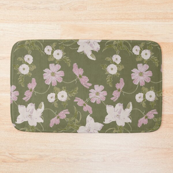 Item preview, Pink Cosmos, Roses and Double Lily Pattern on Olive Green designed and sold by cozycaroline.